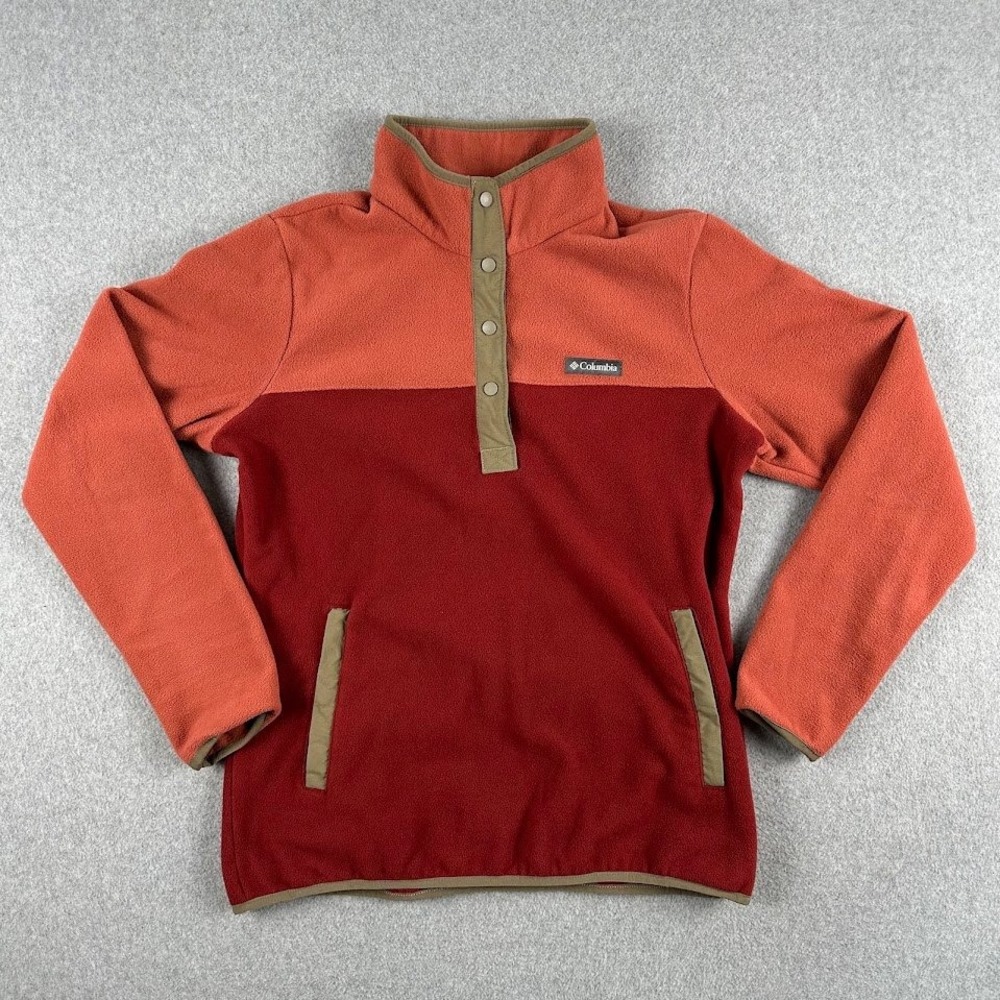 Columbia Color Block Fleece Pullover Snap Neck Women's Large Red Coral Hike